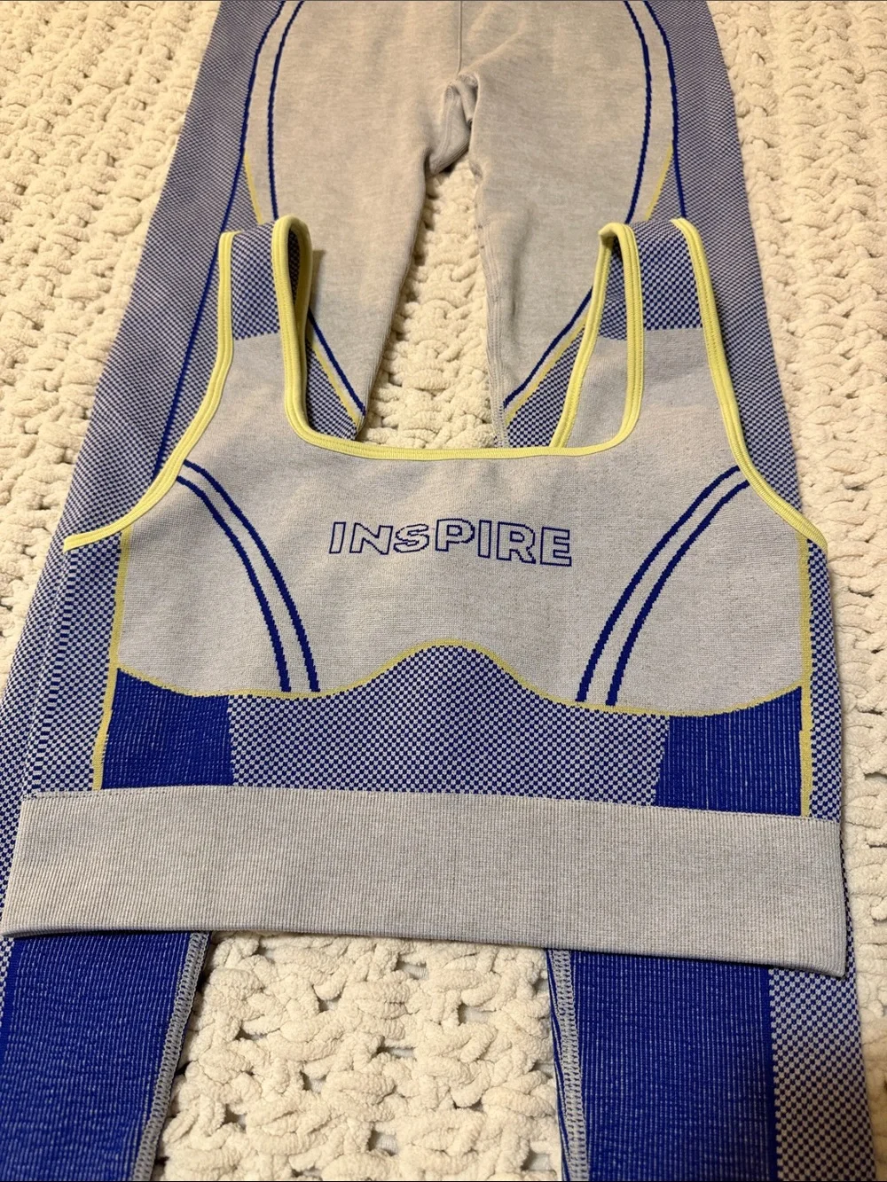 Fabletics Inspire Gray, Blue & Yellow Seamless Active Set